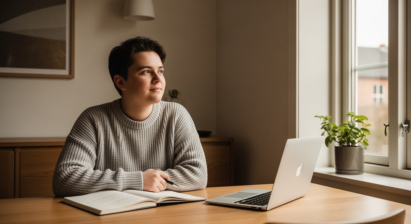 Jongere denkt rustig na over zijn studiekeuze aan een houten tafel, met notitieboek en laptop bij het raam